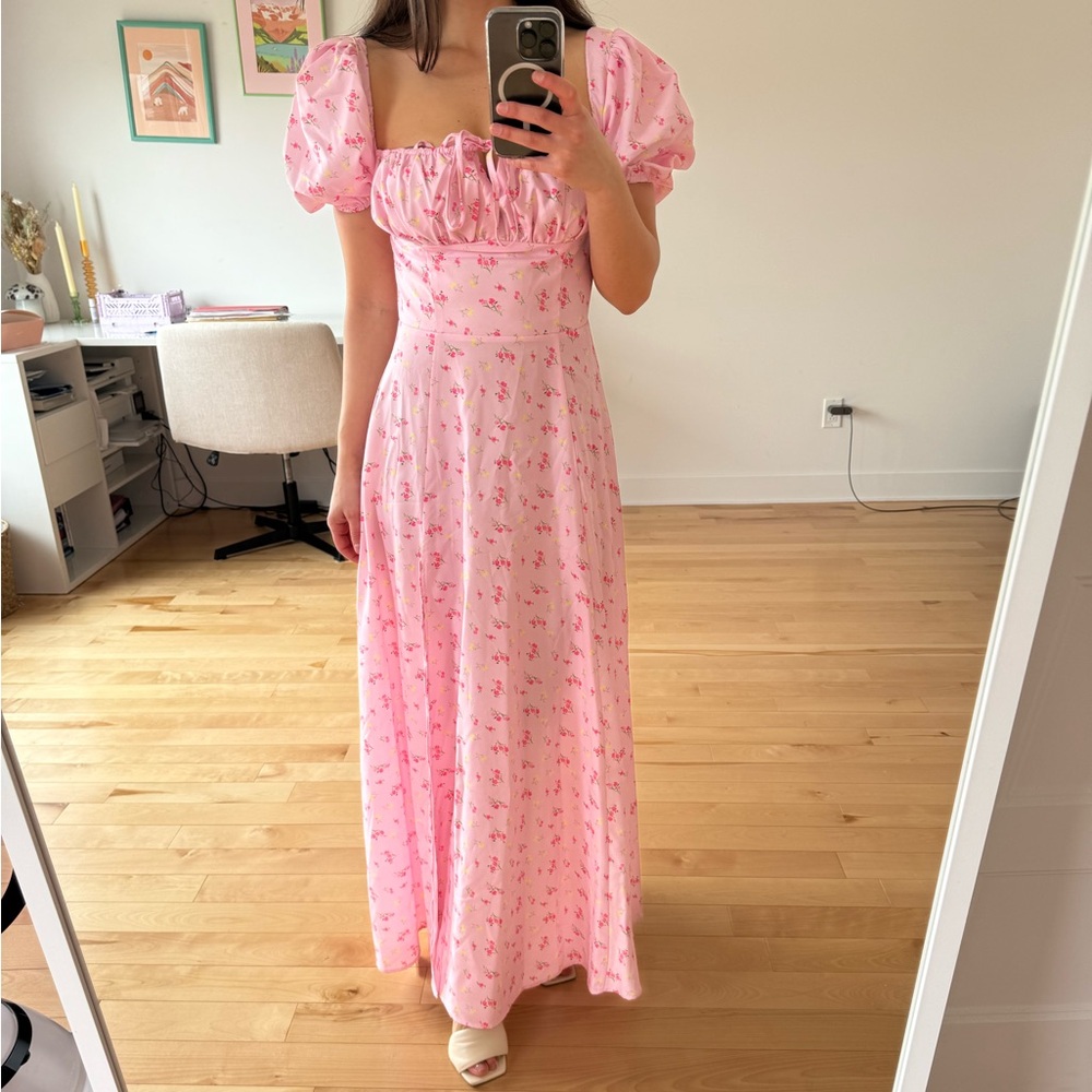 ELEGANT PINK FLORAL MAXI DRESS XS WITH OPEN LEG